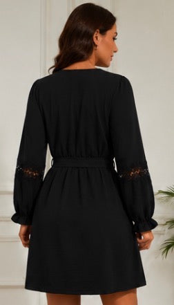 Black Lace Sleeve Tie-Waist Dress