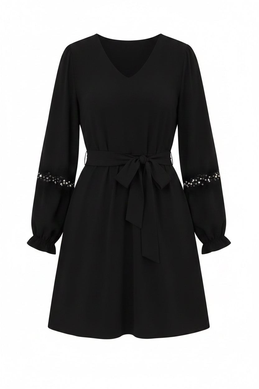 Black Lace Sleeve Tie-Waist Dress