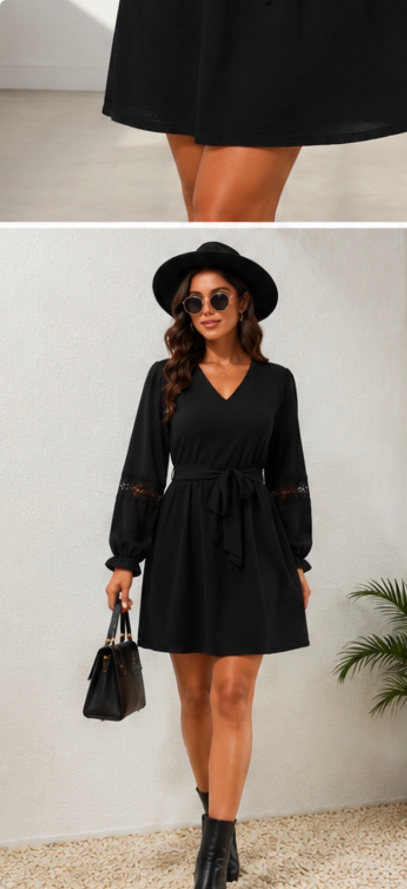 Black Lace Sleeve Tie-Waist Dress
