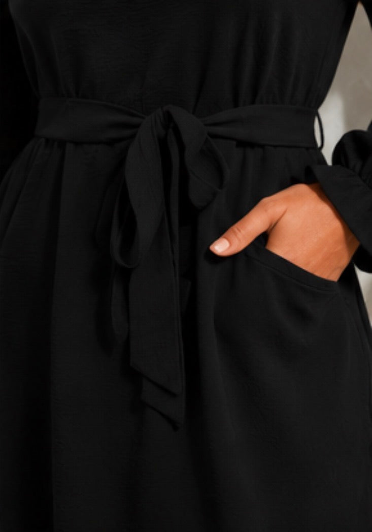 Black Lace Sleeve Tie-Waist Dress
